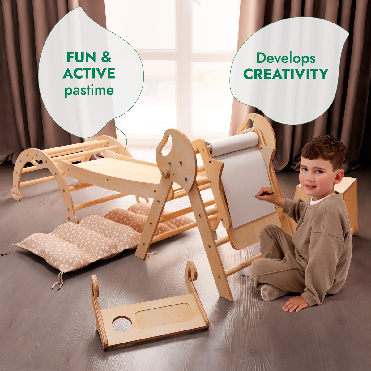 5in1 Montessori Climbing Frame: Pikler Triangle + Arch + Slide Board + Art Addition + Cushion for Toddlers (1–3 Years)