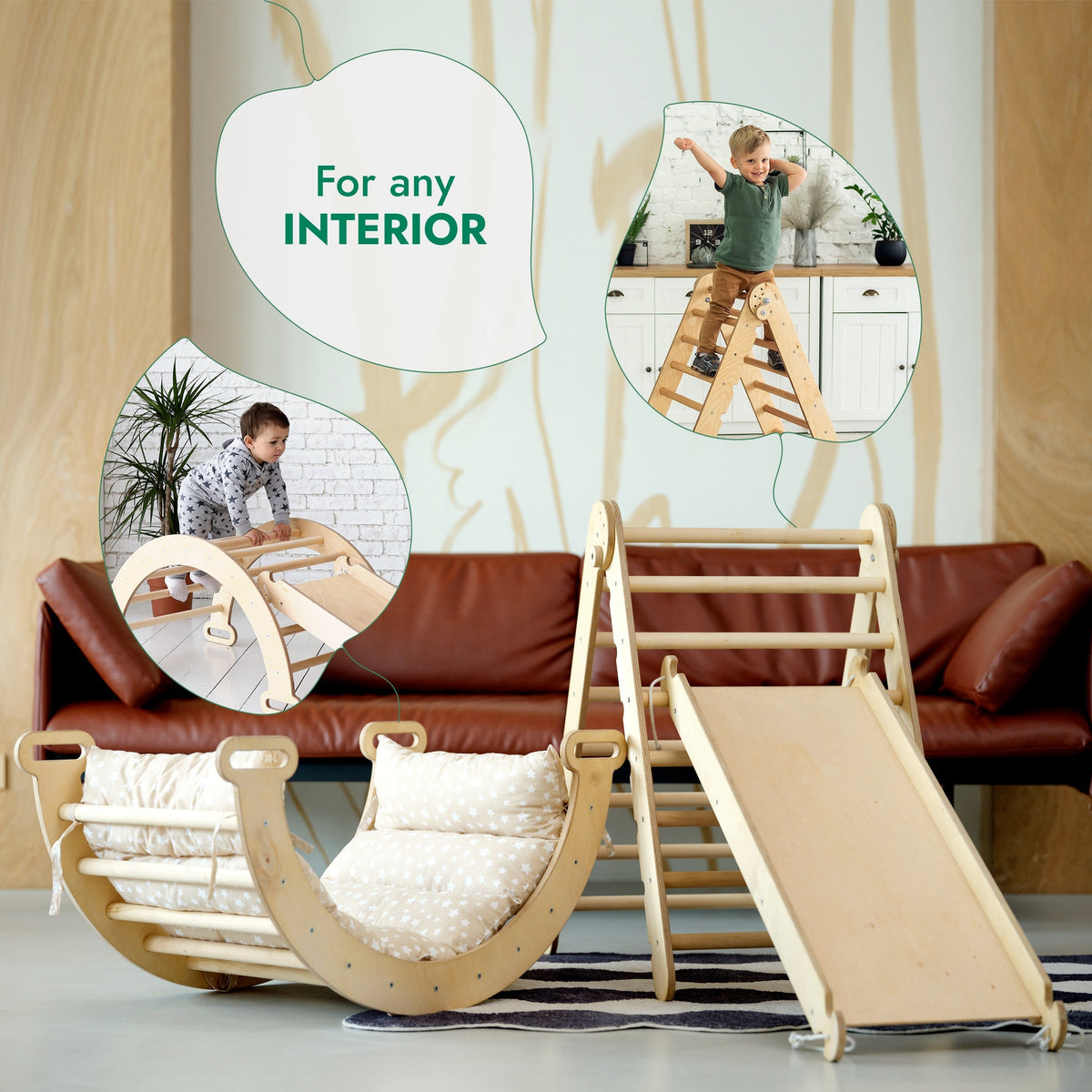 4in1 Montessori Climbing Frame Set: Triangle Ladder + Climbing Arch + Slide Board + Cushion Beige