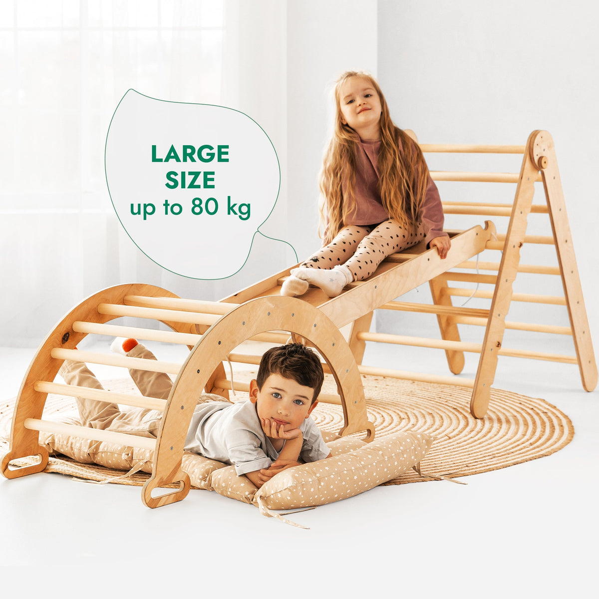 4in1 Montessori Climbing Frame Set: Triangle Ladder + Climbing Arch + Slide Board + Cushion Beige