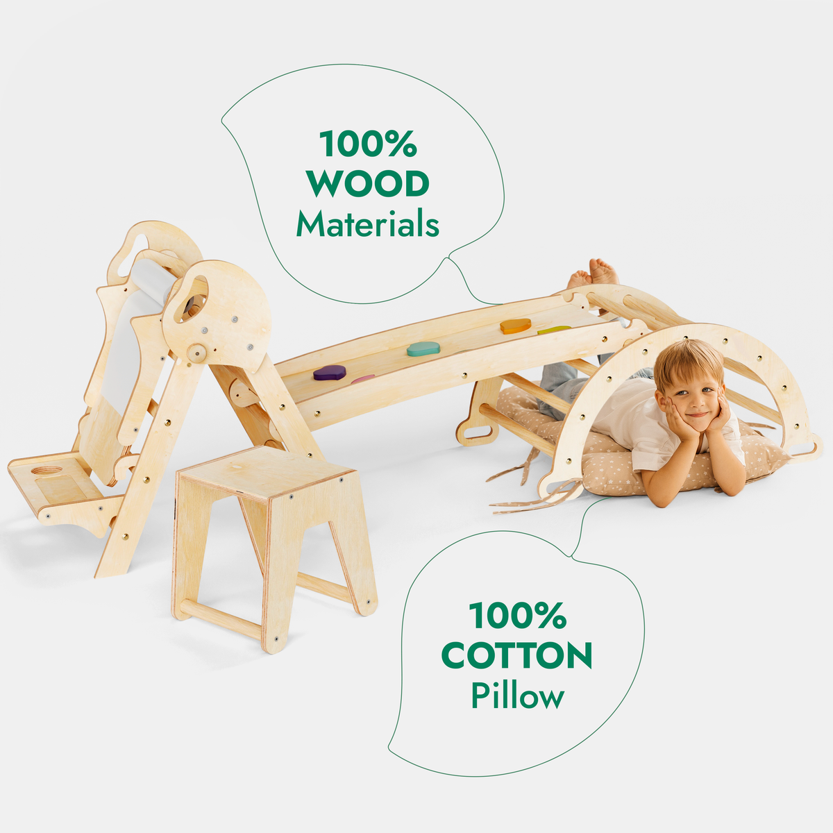 5in1 Montessori Climbing Frame: Pikler Triangle + Arch + Slide Board + Art Addition + Cushion for Toddlers (1–3 Years)