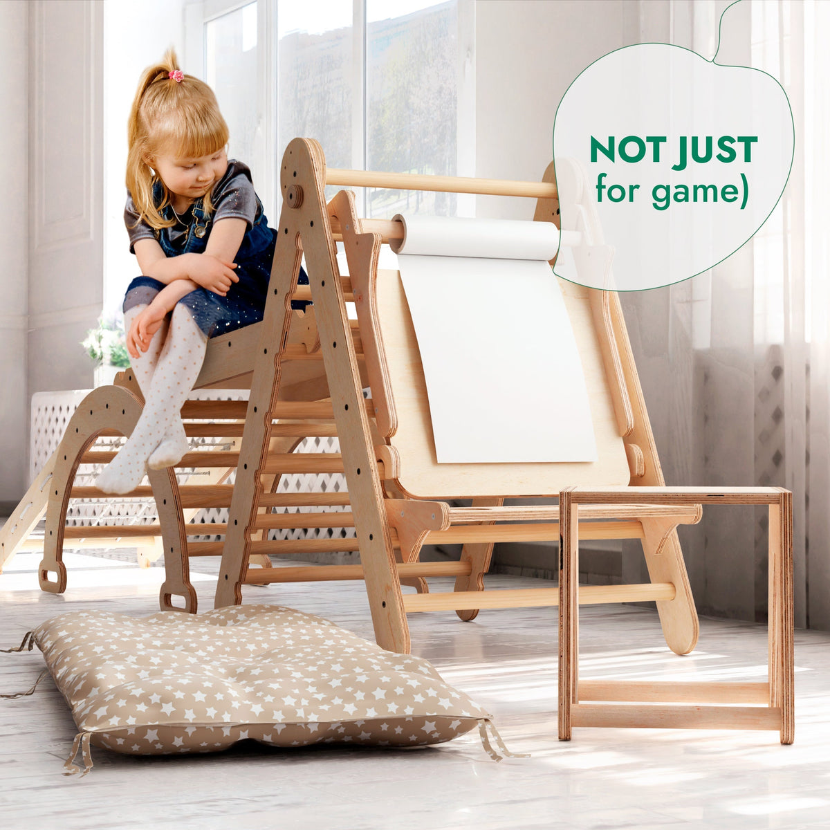 6in1 Montessori Climbing Frame: Pikler Triangle + Climbing Arch + Slide Board + Net + Cushion + Art Addition