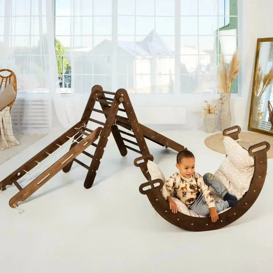 5in1 Montessori Climbing Frame: Pikler Triangle + Arch/Rocker + Slide Board/Ramp + Netting rope + Cushion