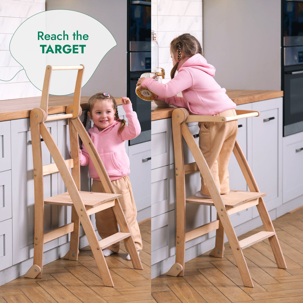 Folding Growing Chair – Montessori Step Stool with Safety Rails for Toddlers – Graphite