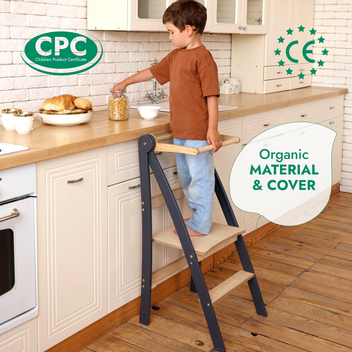 Folding Growing Chair– Montessori Step Stool with Safety Rails for Toddlers – White