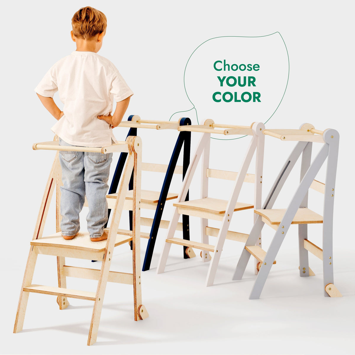 Folding Helping Stool – Montessori Growing Chair with Safety Rails for Toddlers – Grey