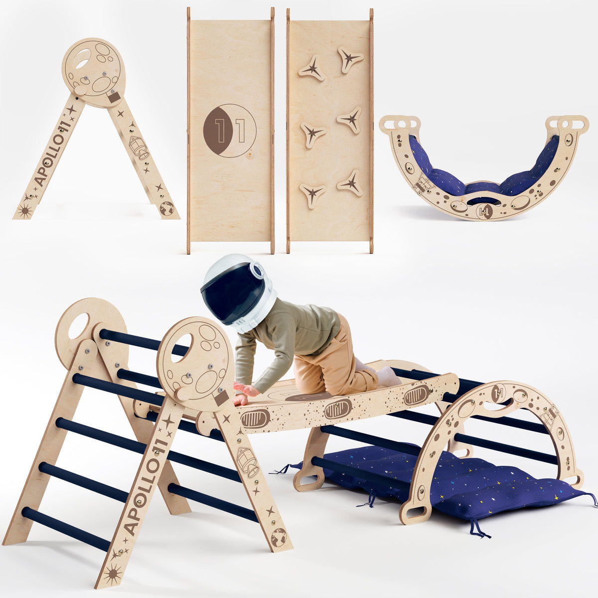 Apollo 4in1 Climbing Set: Pikler Triangle, Arch, Slide Board, and Cushion for Little Toddlers Astronauts