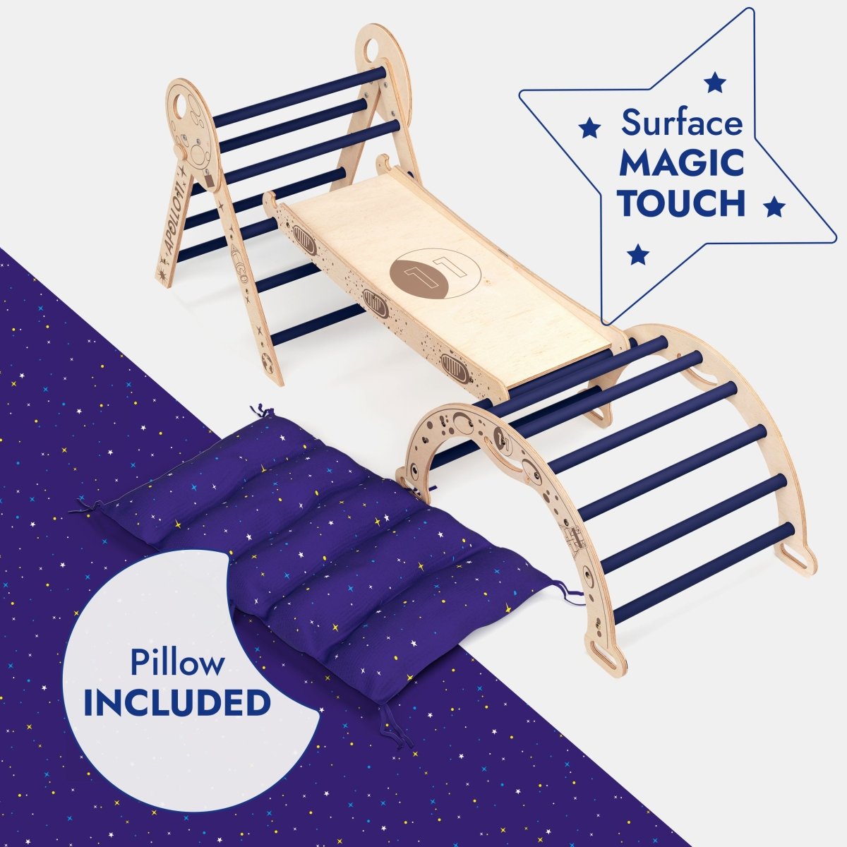 Apollo 4in1 Climbing Set: Pikler Triangle, Arch, Slide Board, and Cushion for Little Toddlers Astronauts