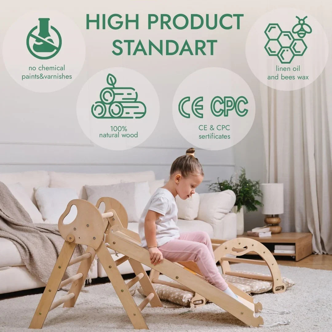4in1 Montessori Climbing Frame: Pikler Triangle + Arch + Slide Board + Cushion for Toddlers (1–3 Years) - Ivory
