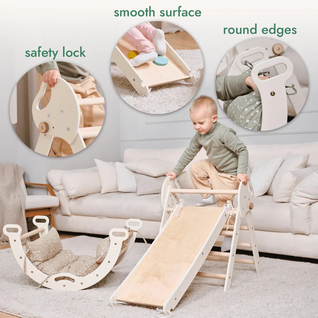 4in1 Montessori Climbing Frame: Pikler Triangle + Arch + Slide Board + Cushion for Toddlers (1–3 Years) - Ivory