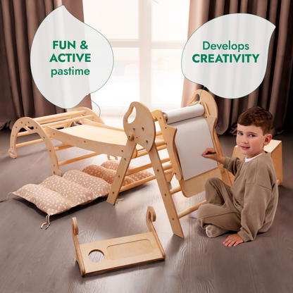 5in1 Montessori Climbing Frame: Pikler Triangle + Arch + Slide Board + Art Addition + Cushion for Toddlers (1–3 Years)