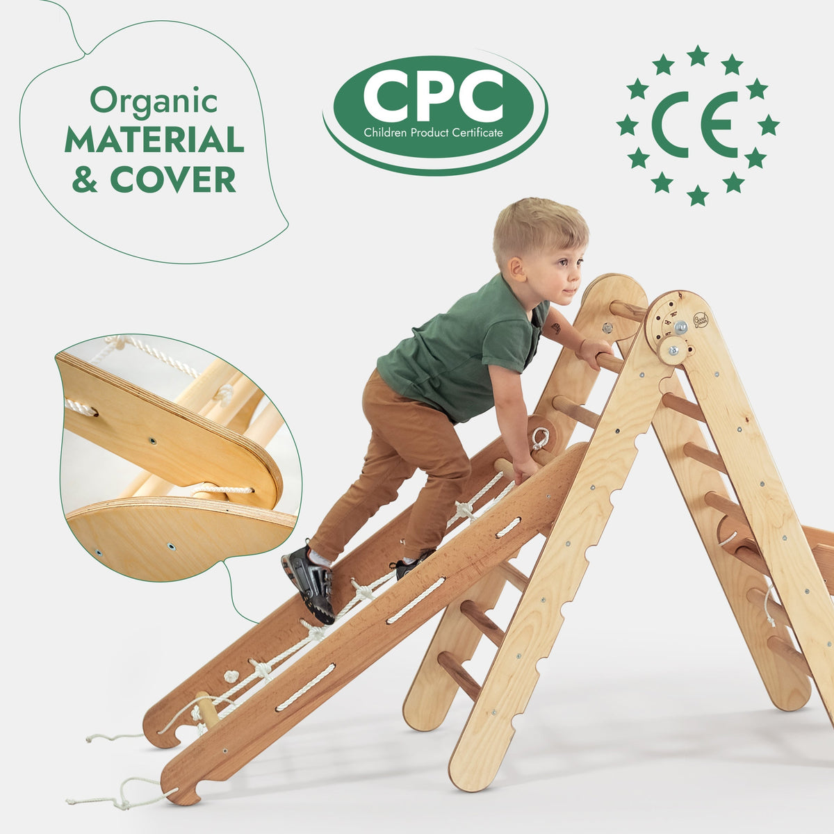 4in1 Montessori Climbing Frame: Pikler Triangle + Climbing Arch + Slide Board + Net – Beige