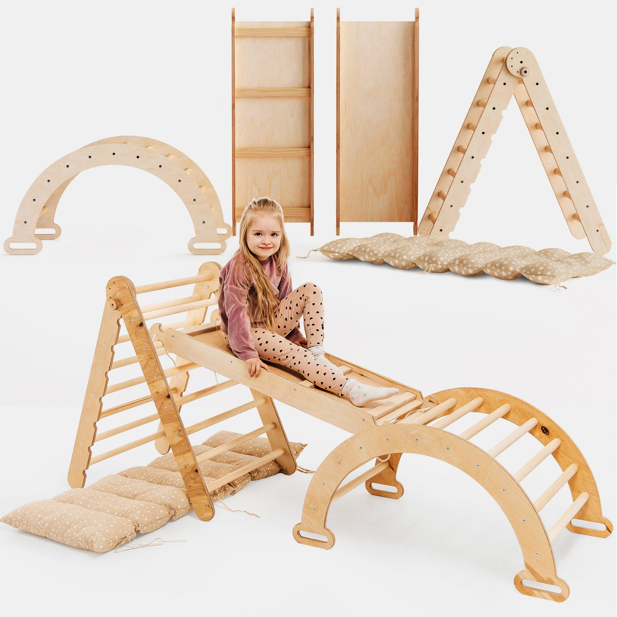 4in1 Montessori Climbing Frame Set: Triangle Ladder + Climbing Arch + Slide Board + Cushion Beige