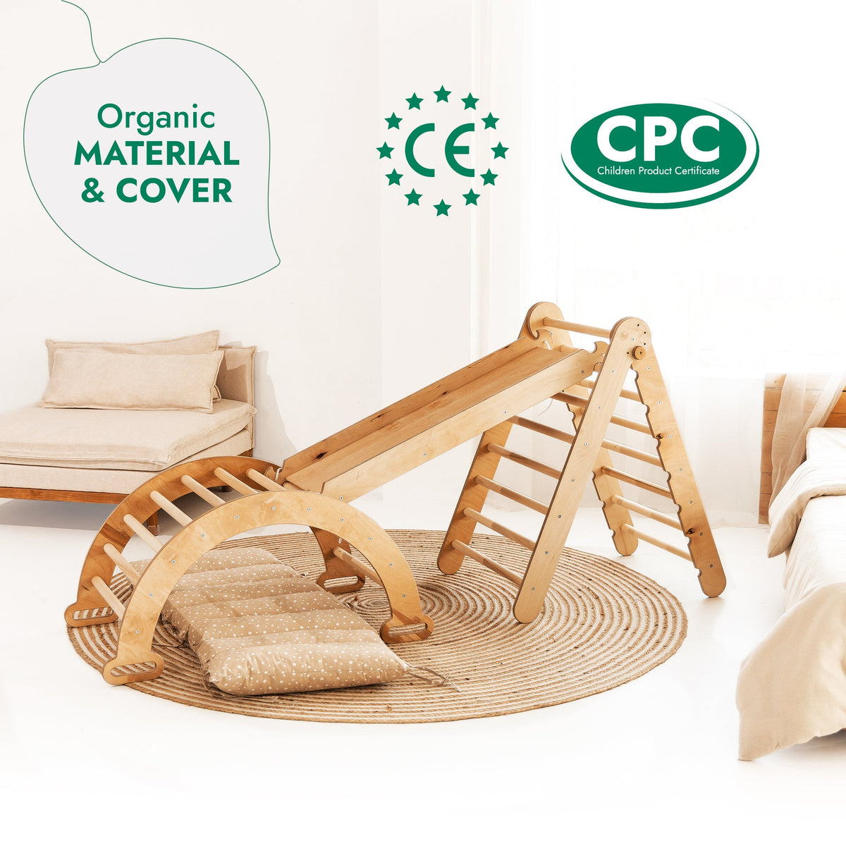 4in1 Montessori Climbing Frame Set: Triangle Ladder + Climbing Arch + Slide Board + Cushion Beige
