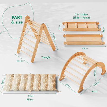 4in1 Montessori Climbing Frame Set: Triangle Ladder + Climbing Arch + Slide Board + Cushion Beige