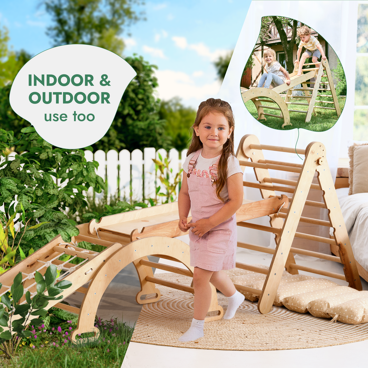 5in1 Montessori Climbing Frame: Pikler Triangle + Arch/Rocker + Slide Board/Ramp + Netting rope + Cushion