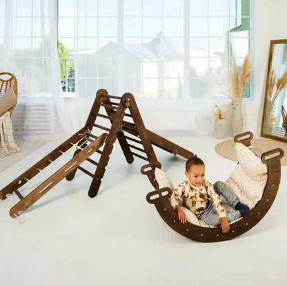 5in1 Montessori Climbing Frame: Pikler Triangle + Arch/Rocker + Slide Board/Ramp + Netting rope + Cushion