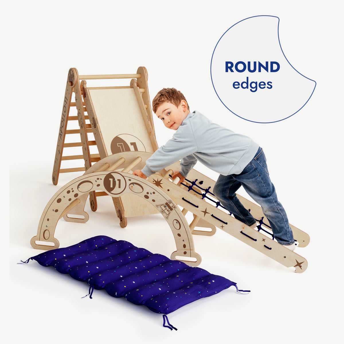 Apollo 5in1 Climbing Set: Pikler Triangle, Net, Arch, Slide Board, and Cushion for Little Astronauts