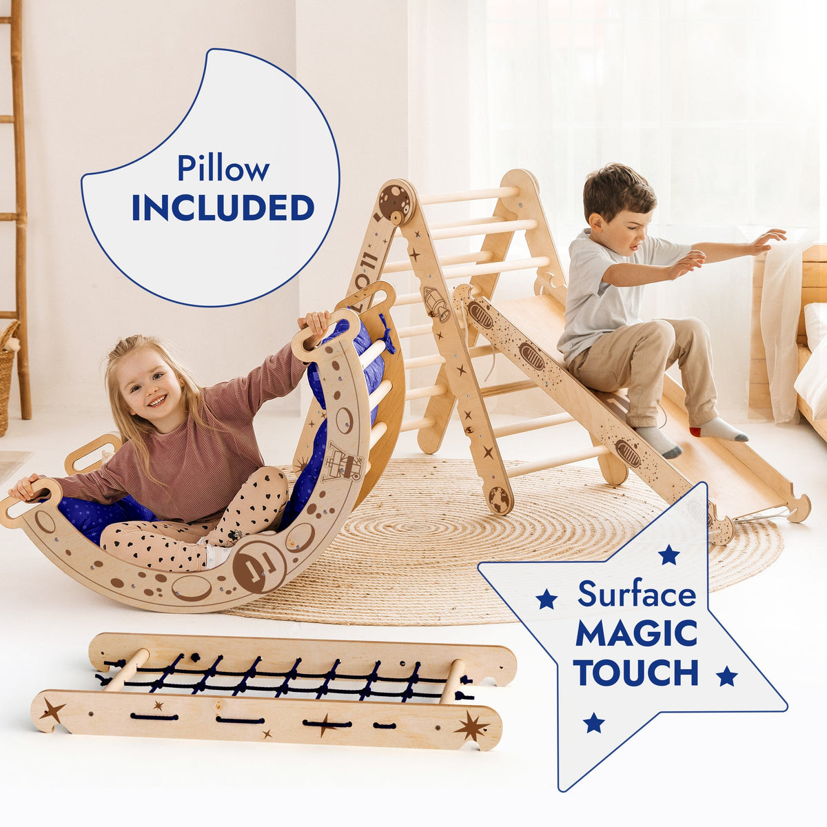 Apollo 5in1 Climbing Set: Pikler Triangle, Net, Arch, Slide Board, and Cushion for Little Astronauts