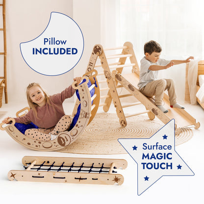 Apollo 5in1 Climbing Set: Pikler Triangle, Net, Arch, Slide Board, and Cushion for Little Astronauts