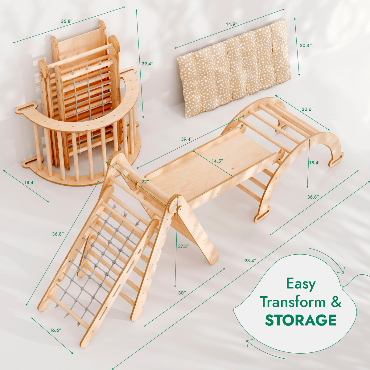 5in1 Montessori Climbing Frame: Pikler Triangle + Arch/Rocker + Slide Board/Ramp + Netting rope + Cushion