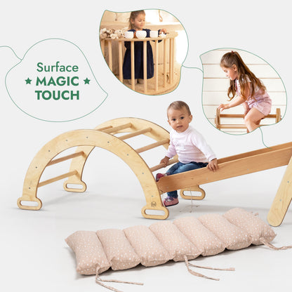 5in1 Montessori Climbing Frame: Pikler Triangle + Arch/Rocker + Slide Board/Ramp + Netting rope + Cushion