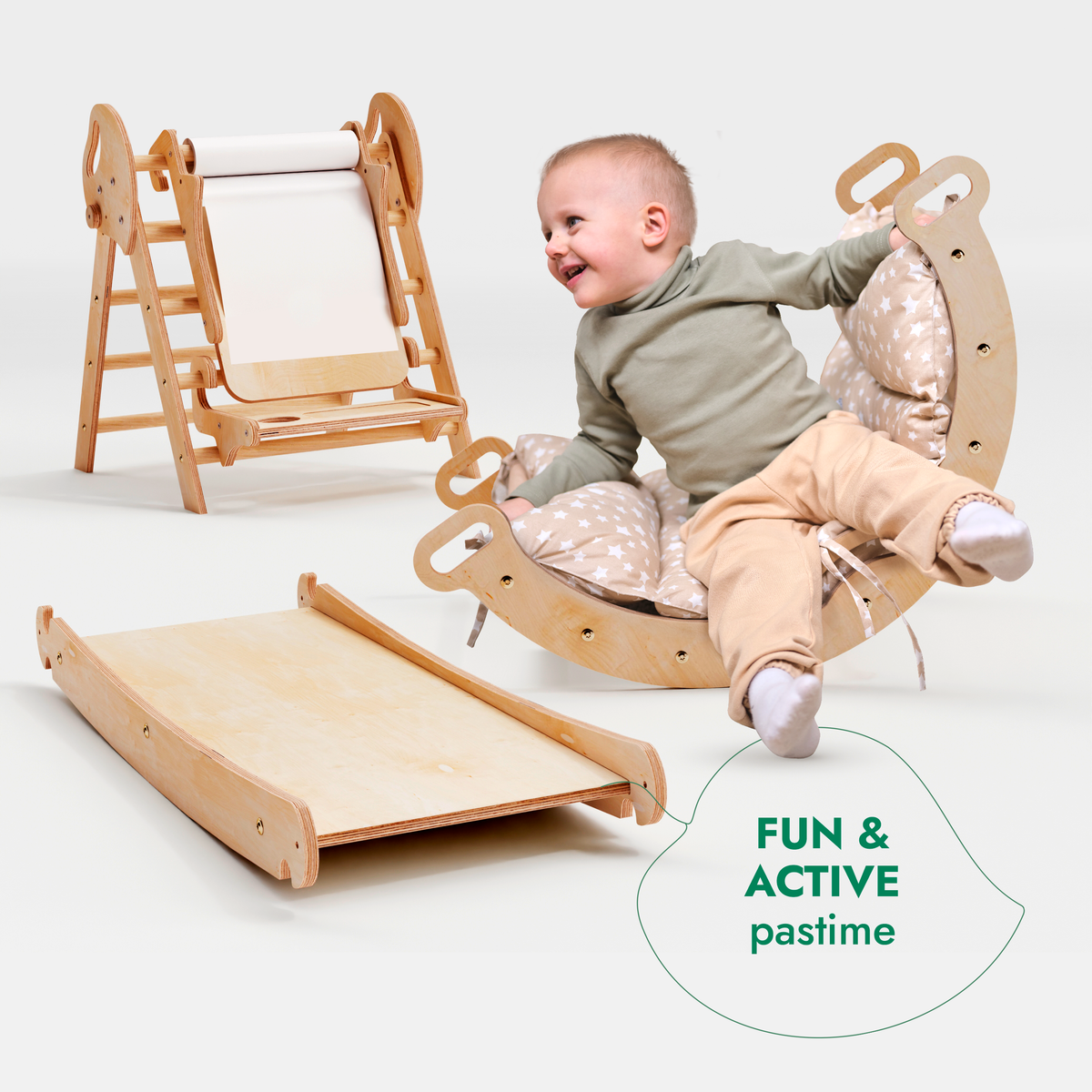 5in1 Montessori Climbing Frame: Pikler Triangle + Arch + Slide Board + Art Addition + Cushion for Toddlers (1–3 Years)
