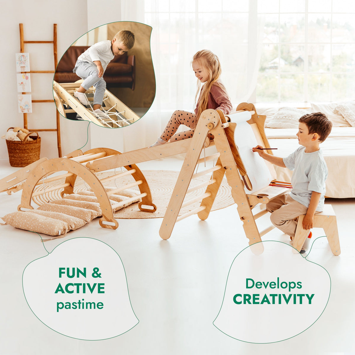 6in1 Montessori Climbing Frame: Pikler Triangle + Climbing Arch + Slide Board + Net + Cushion + Art Addition