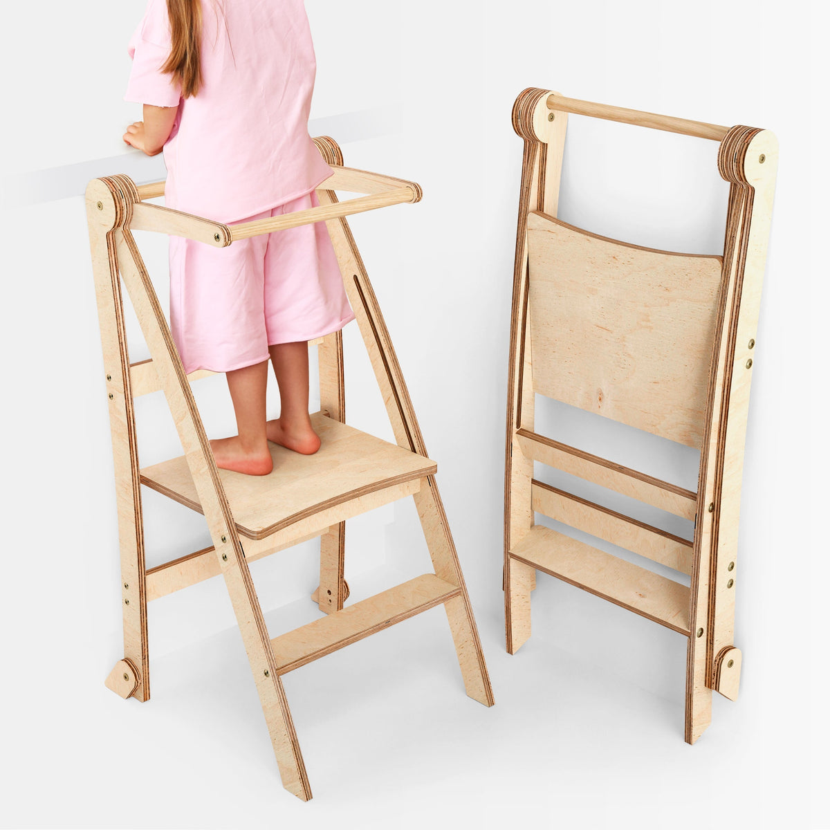 Folding Growing Chair – Montessori Step Stool with Safety Rails for Toddlers – Beige