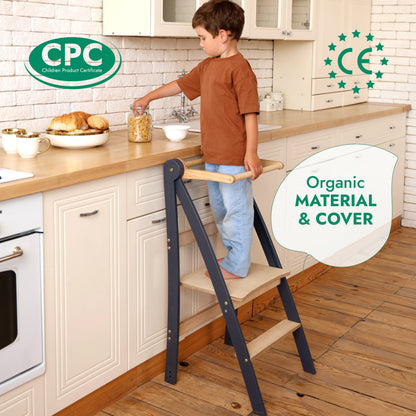 Folding Growing Chair– Montessori Step Stool with Safety Rails for Toddlers – White
