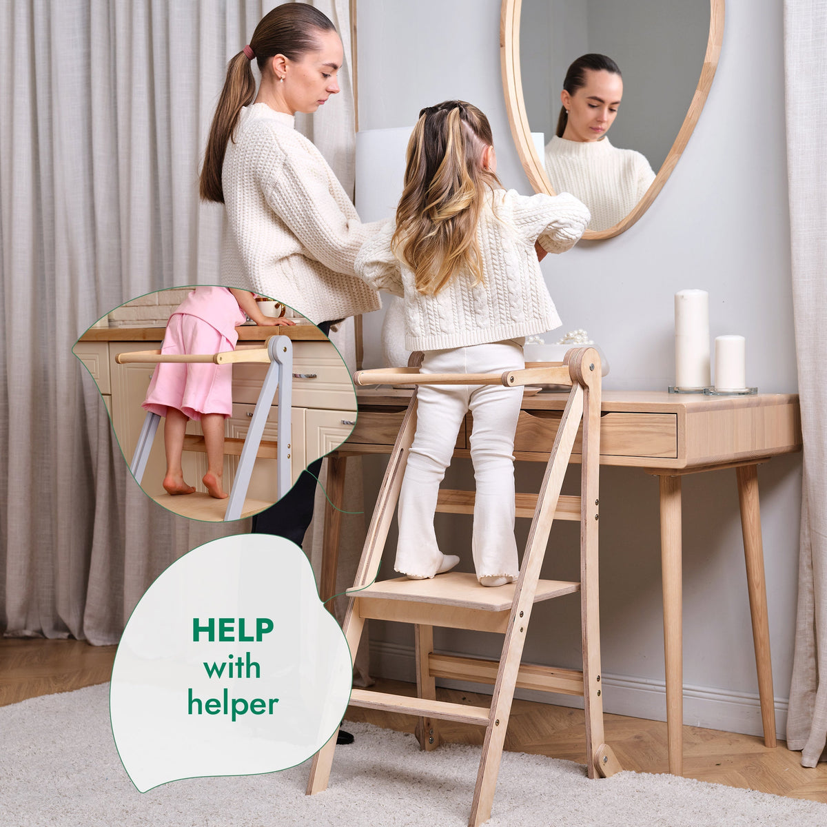 Folding Growing Chair – Montessori Step Stool with Safety Rails for Toddlers – Beige
