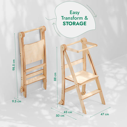 Folding Helping Stool – Montessori Growing Chair with Safety Rails for Toddlers – Grey