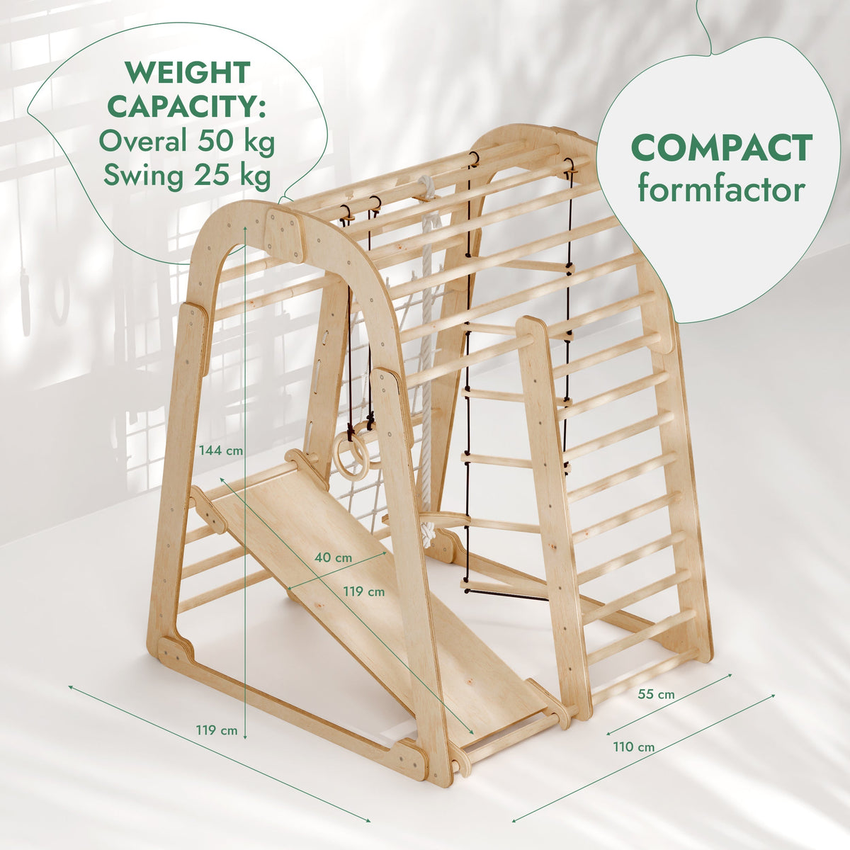 6in1 Indoor Wooden Playground for Children – Playground + Swings Set + Slide Board