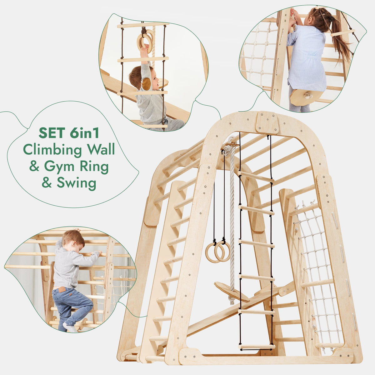 6in1 Indoor Wooden Playground for Children – Playground + Swings Set + Slide Board