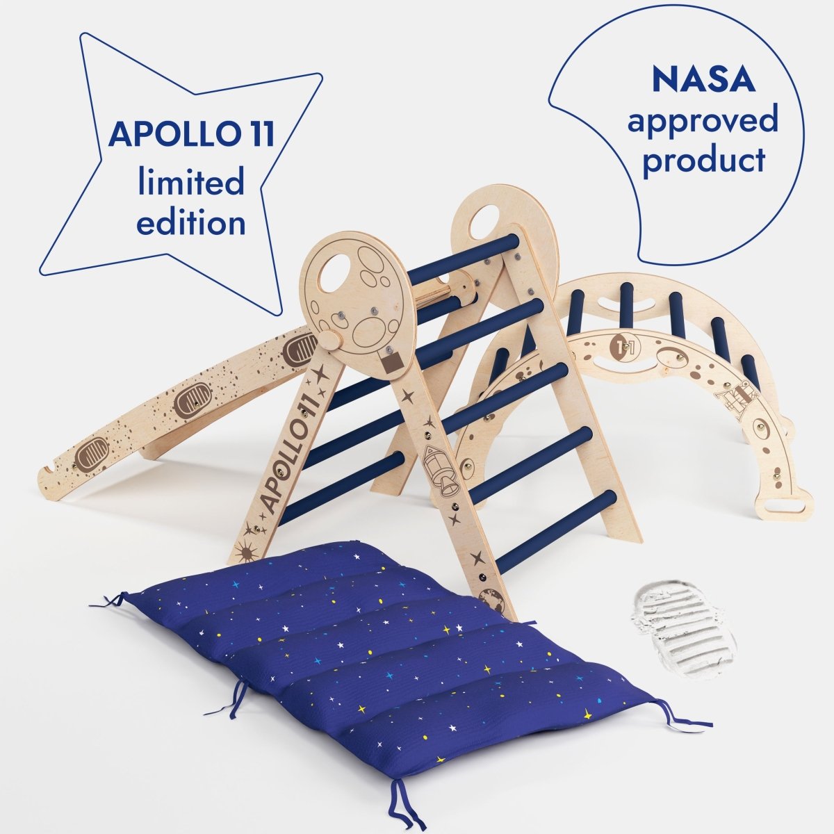 Apollo 4in1 Climbing Set:  Pikler Triangle, Arch, Slide Board, and Cushion for Little Toddlers Astronauts