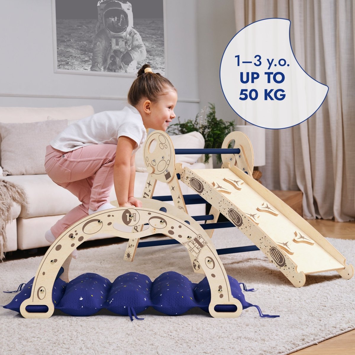 Apollo 4in1 Climbing Set:  Pikler Triangle, Arch, Slide Board, and Cushion for Little Toddlers Astronauts