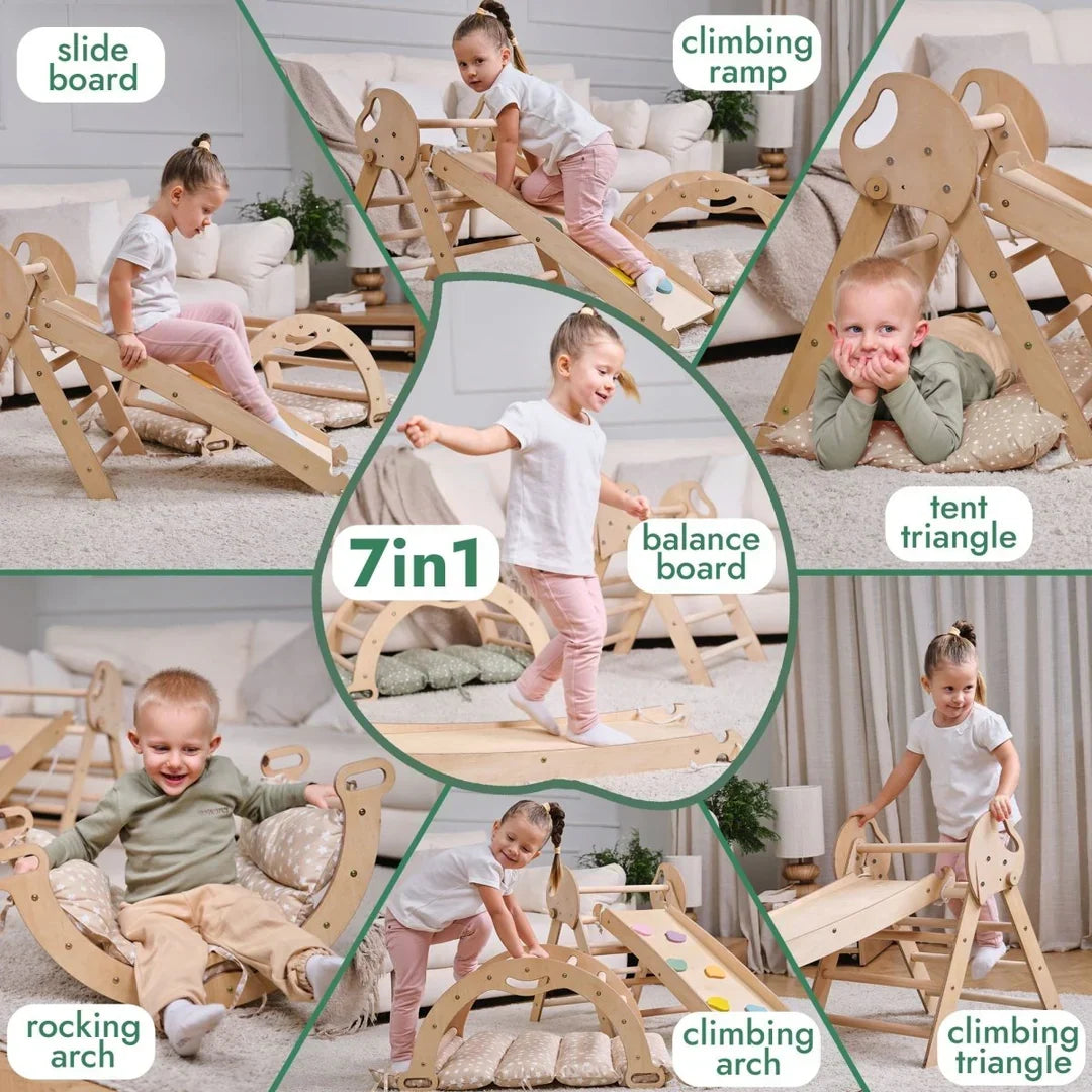 4in1 Montessori Climbing Frame: Pikler Triangle + Arch + Slide Board + Cushion for Toddlers (1–3 Years)