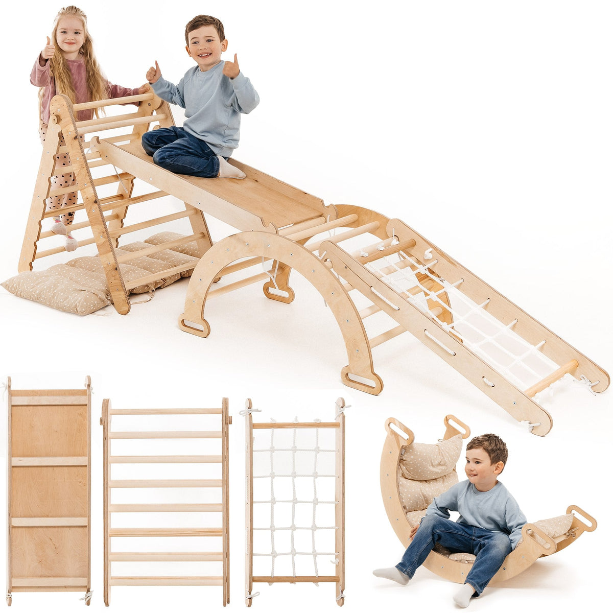 5in1 Montessori Climbing Frame: Pikler Triangle + Arch/Rocker + Slide Board/Ramp + Netting rope + Cushion